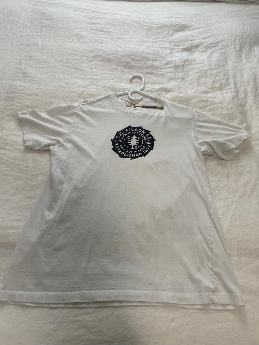 Filson White Crewneck Tee with Black Logo Label